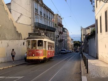 View of railroad tracks amidst buildings in city