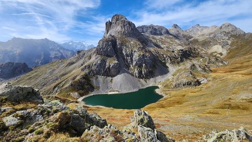 Scenic view of snowcapped mountains against sky