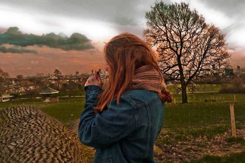 sky, field, rear view, lifestyles, leisure activity, landscape, cloud - sky, tree, casual clothing, standing, sunset, grass, bare tree, person, cloud, long hair, three quarter length, nature