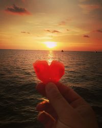 Close-up of hand holding orange sea against sky during sunset