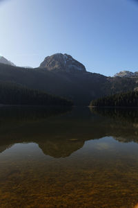Scenic view of lake and mountains against clear sky
