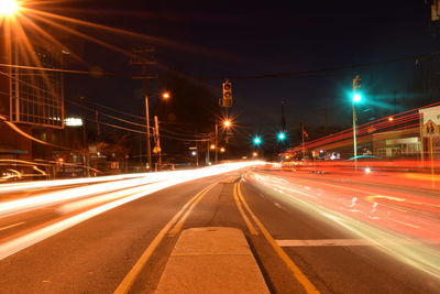 Light trails on road at night