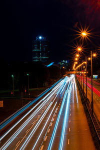 Light trails on road at night