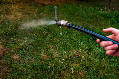 Person holding stick in grass