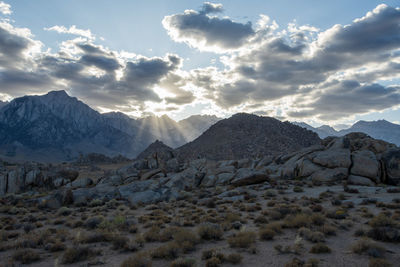 Scenic view of mountains against sky during sunset