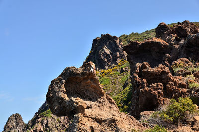 Low angle view of rocky mountain against blue sky