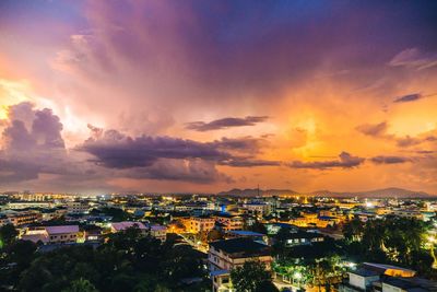 High angle view of townscape against sky at sunset