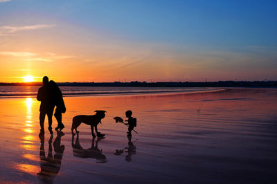 Silhouette people on beach against sky during sunset