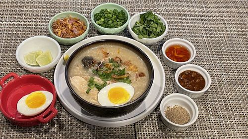 High angle view of food on table