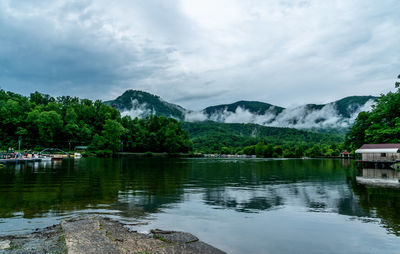 Scenic view of lake and mountains against sky