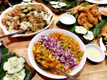 High angle view of food served on table