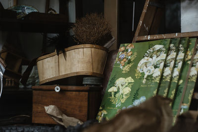 View of old containers with painting at home