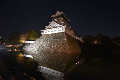 Low angle view of illuminated building against sky at night