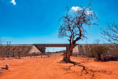Scenic view of a dirt road below a railway line in tsavo national park in kenya