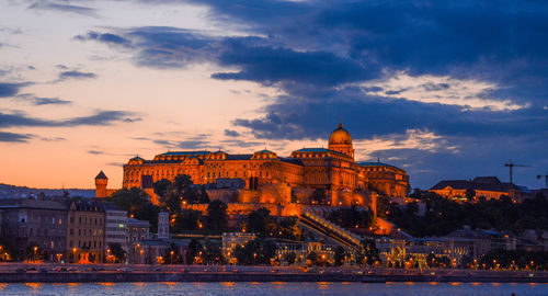 Buildings in city at sunset