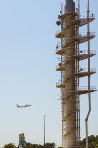 Low angle view of crane against clear sky