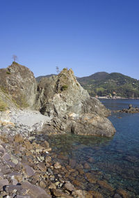 Rocks by sea against clear blue sky