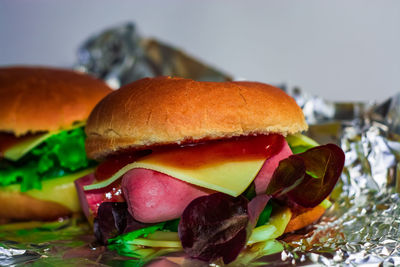 Close-up of burger in plate on table