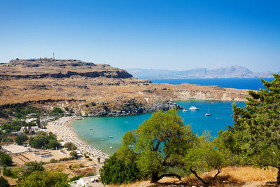 High angle view of bay against clear blue sky