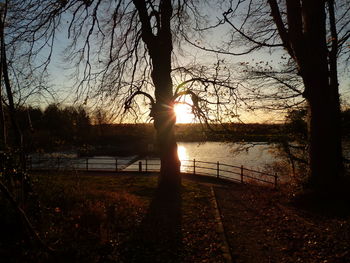 Silhouette bare trees by lake against sky during sunset