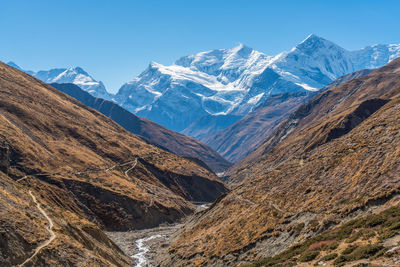 Scenic view of snowcapped mountains against blue sky