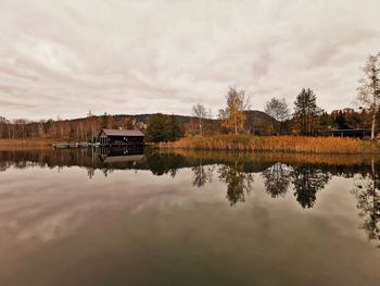 Reflection of trees in lake against sky