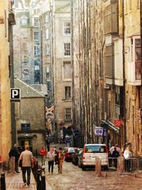 High angle view of people walking on street