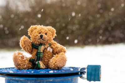 Close-up of stuffed toy on table during winter