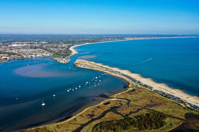 Aerial view of bay against clear blue sky