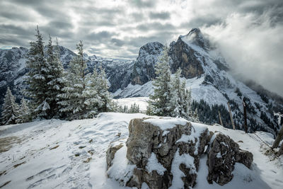 Scenic view of snow covered mountains against sky