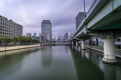 Bridge over river by buildings against sky in city