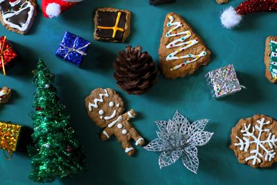 High angle view of cookies on table