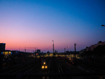 Railroad tracks in city against clear sky during sunset