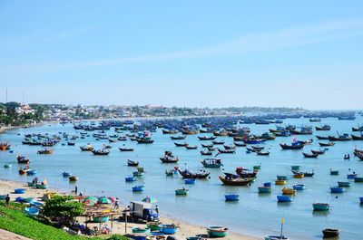 High angle view of boats in sea