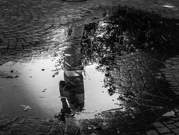 Low section of person standing on puddle