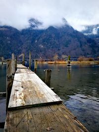 Scenic view of lake by mountains against sky