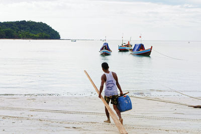 Rear view of man on beach