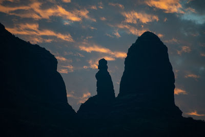 Low angle view of silhouette rocks against sky during sunset
