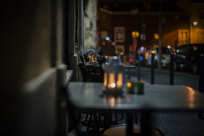 View of illuminated restaurant table