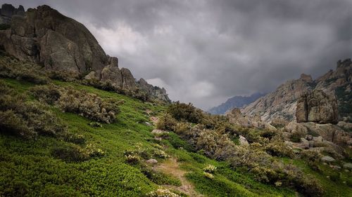 Rocky mountain peaks and thunderstorm clouds approaching over the horizon