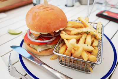 Close-up of food served on table