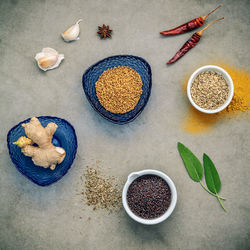 High angle view of various food on table