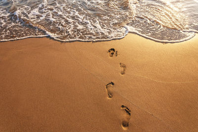 High angle view of footprints on sand at beach