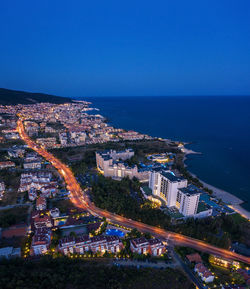 Aerial view to the sea resort sunny beach, bulgaria evening