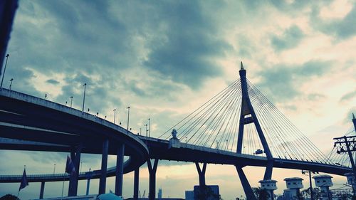 Low angle view of suspension bridge against cloudy sky