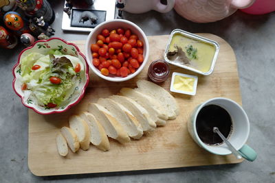 High angle view of breakfast on table
