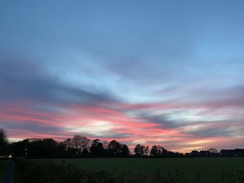 Silhouette trees on field against sky at sunset