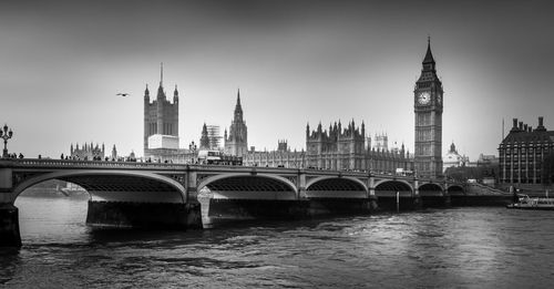 Bridge over river with buildings in background