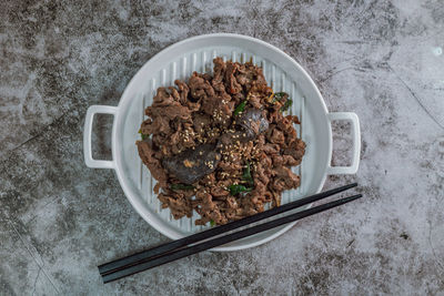 High angle view of meal served on table