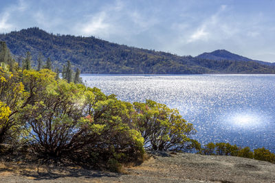 Scenic view of lake by mountains against sky
